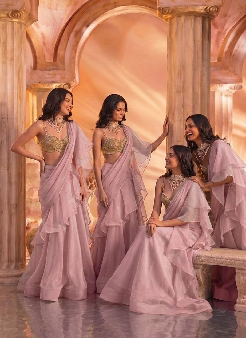 Baby Pink Organza Hand Embroidered Sequins With Zardosi Work Lehenga Wedding Wear