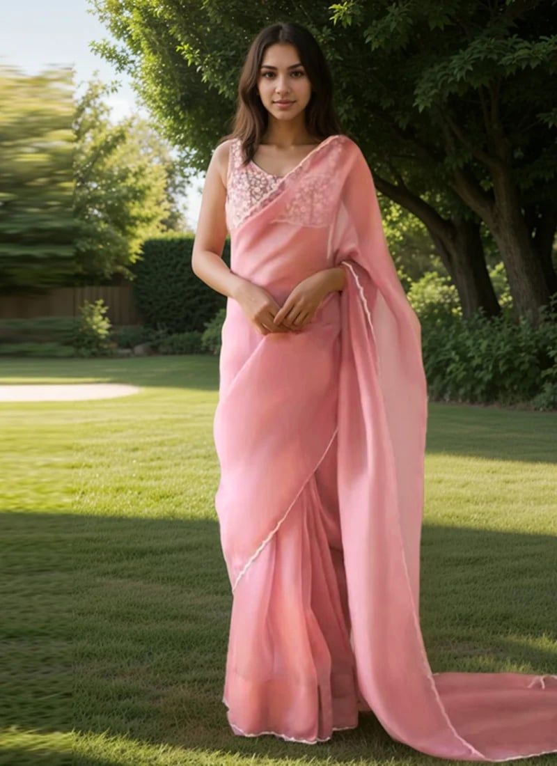 Pink Organza Saree With Cutdana Beads And Sequin Embroidery