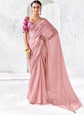 Baby Pink Organza Silk Embroidered Saree with Digital Print Blouse