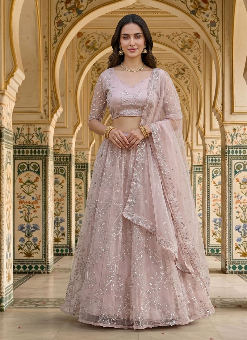 Baby Pink Organza Silk Zari Embroidered Sequins Lehenga Wedding Wear