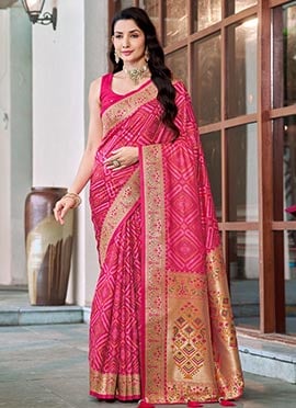 Baby Pink Patola Banarasi Satin Silk Jacquard Woven Zari Border Saree