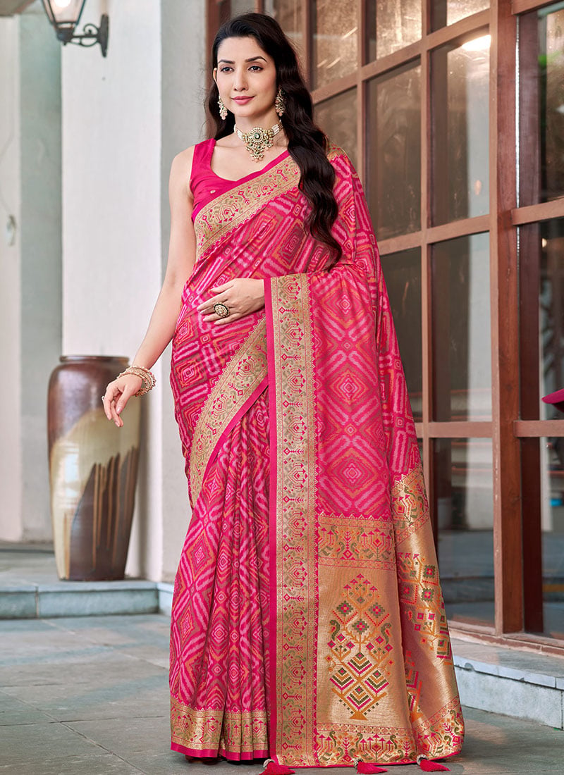 Baby Pink Patola Banarasi Satin Silk Jacquard Woven Zari Border Saree Festive Wear
