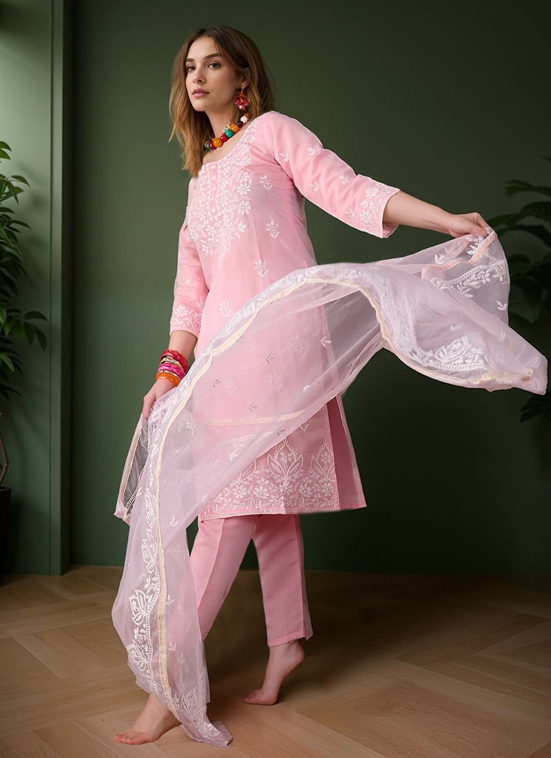 Baby Pink Roman Silk Embroidered Straight Pnt Suit After Six Wear