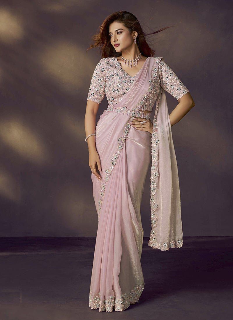 Baby Pink Satin Silk Hand Embroidered Pre Draped Saree