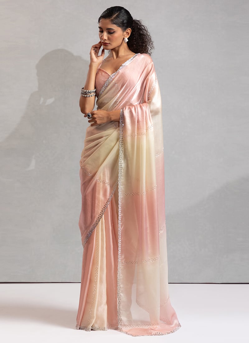 Baby Pink Satin Stones Saree