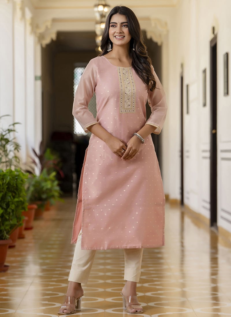 Baby Pink Shimmer Silk Embroidered Long Kurti After Six Wear