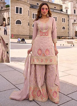 Baby Pink Shimmer Silk Sequin Palazzo Suit