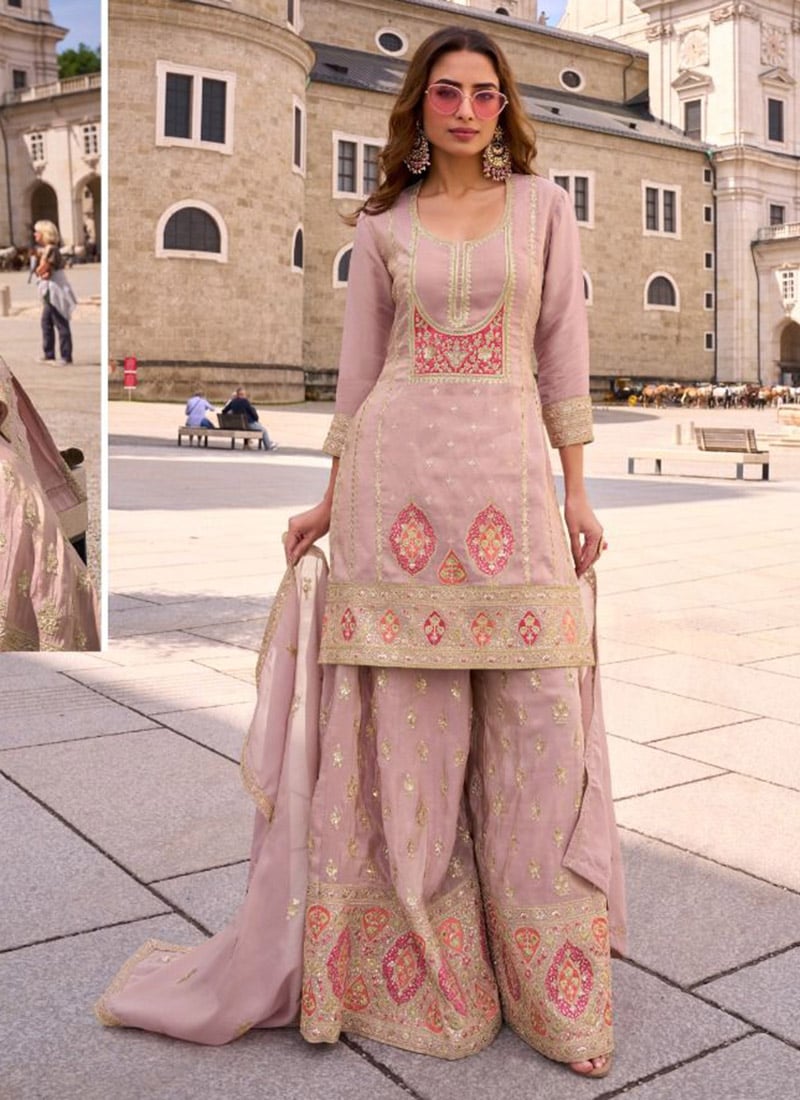 Baby Pink Shimmer Silk Sequin Palazzo Suit Festive Wear