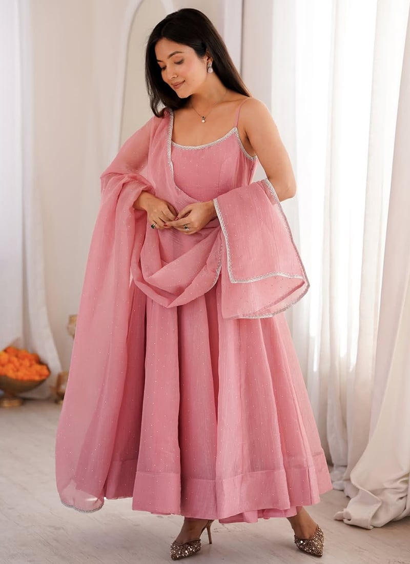 Baby Pink Silk Embroidered Anarkali Suit After Six Wear