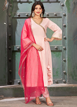 Baby Pink Silk Embroidered Lace Angarkha Style Straight Pant Suit