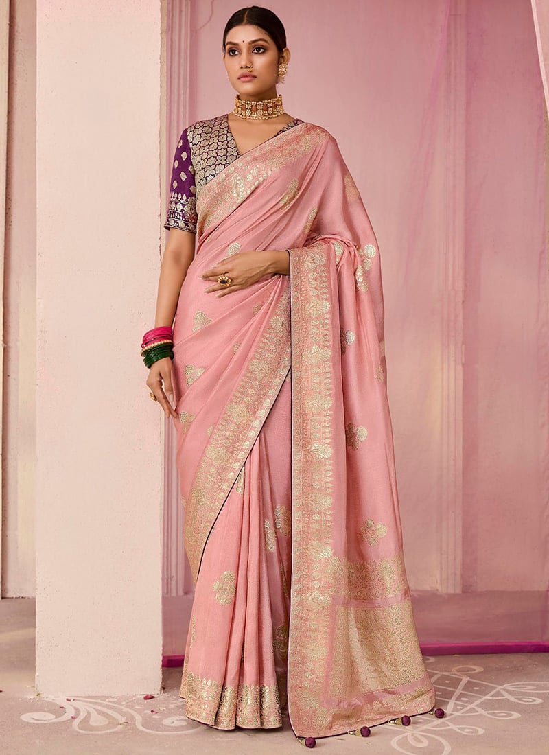 Baby Pink Silk Jacquard Woven Saree Festive Wear