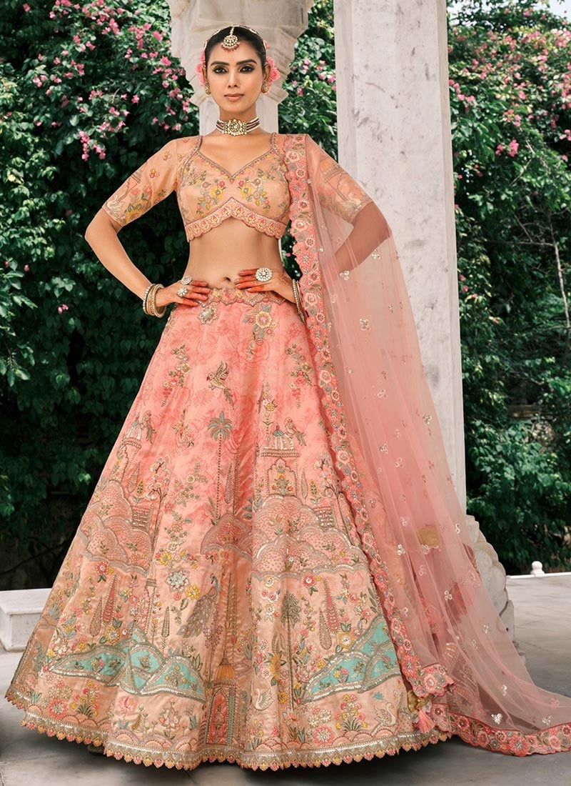 Baby Pink Silk Thread Embroidered And Cut Work Umbrella Lehenga Wedding Wear