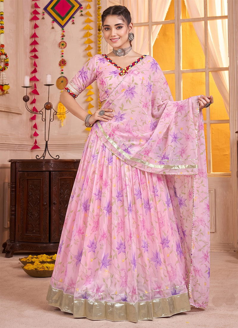 Baby Pink Tabby Silk Floral Printed Mirror Gota Work Lehenga Festive Wear