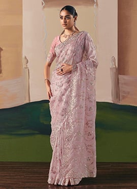 Baby Pink Tissue Silk Zari Embroidered Sequins Saree