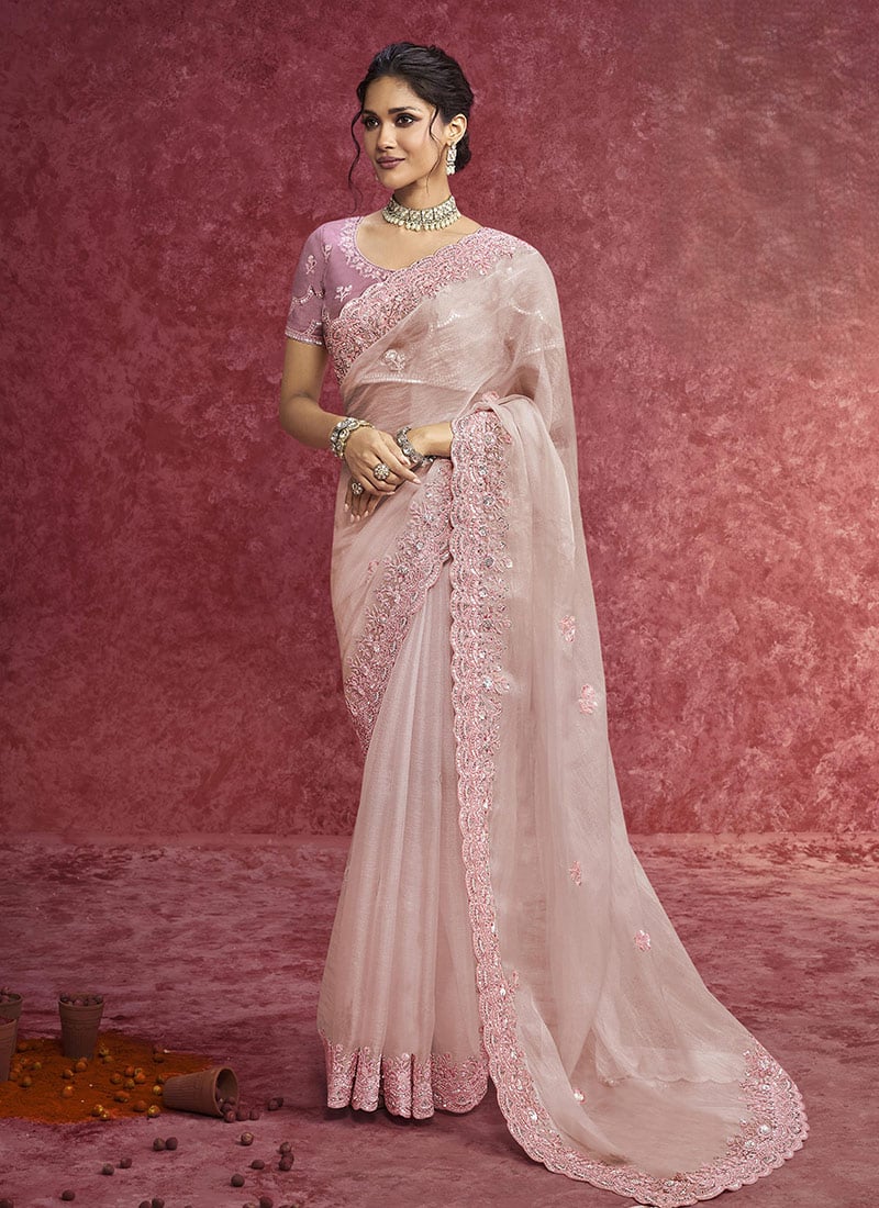 Baby Pink Tissue Zari Embroidered Sequins Resham Saree Festive Wear