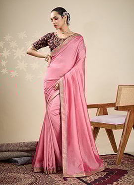Baby Pink Vichitra Silk Embroidered Zari Saree
