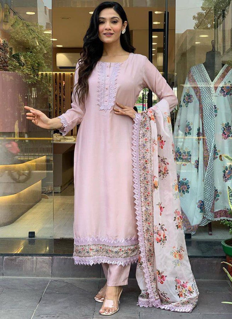 Baby Pink Viscose Chanderi Embroidered Digital Print Straight pant Suit After Six Wear