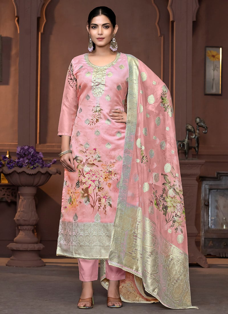 Baby Pink Viscose Organza Banarasi Digital Print Straight Pant Suit Festive Wear