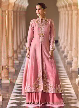 Baby Pink Zari Zardosi Hand Embroidered With Sequins Indowestern Palazzo Suits