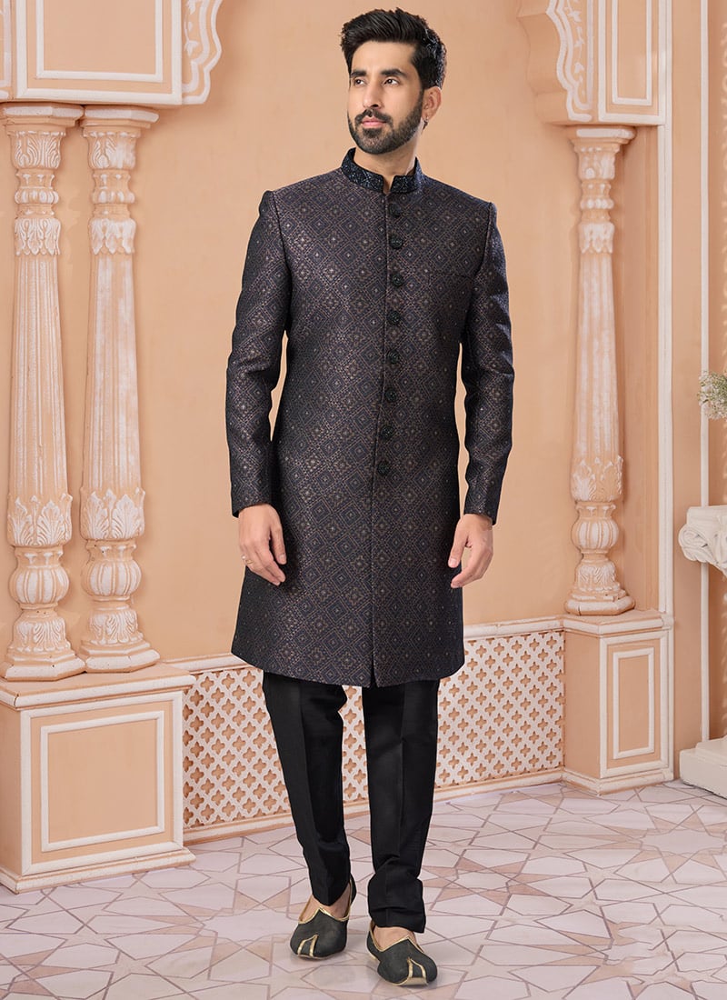 Balletic Sequins Hand Work Jacquard Silk Indowestern Sherwani Wedding Wear