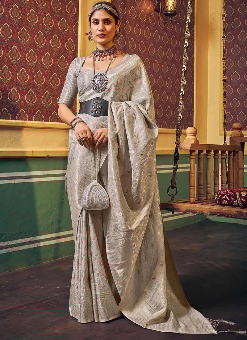 Banarasi Dola Silk Zari Embossed Grey Saree Festive Wear