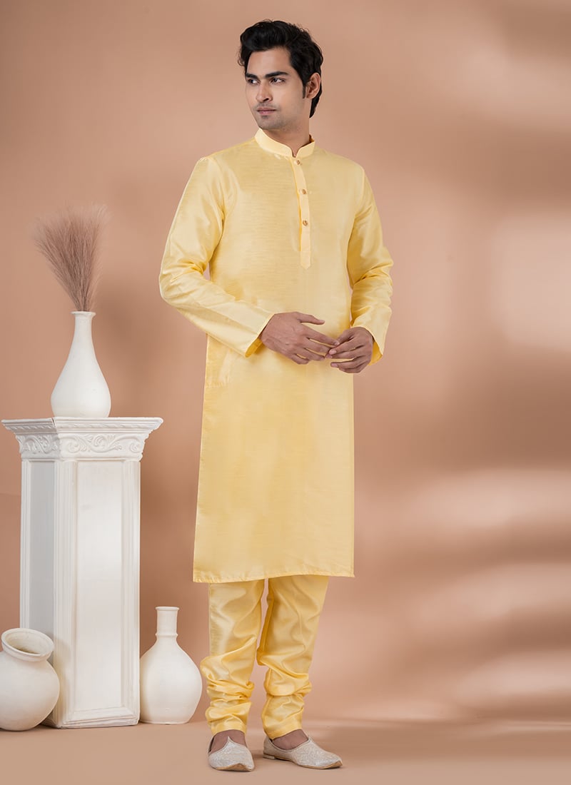 Banarasi Dupion Yellow Kurta Pyjama Party Wear