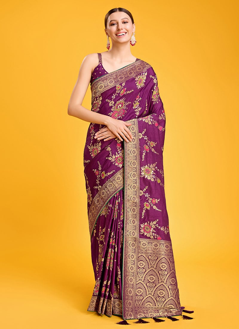 Banarasi Silk Floral Zari Woven Purple Saree With Blouse For Women Festive Wear