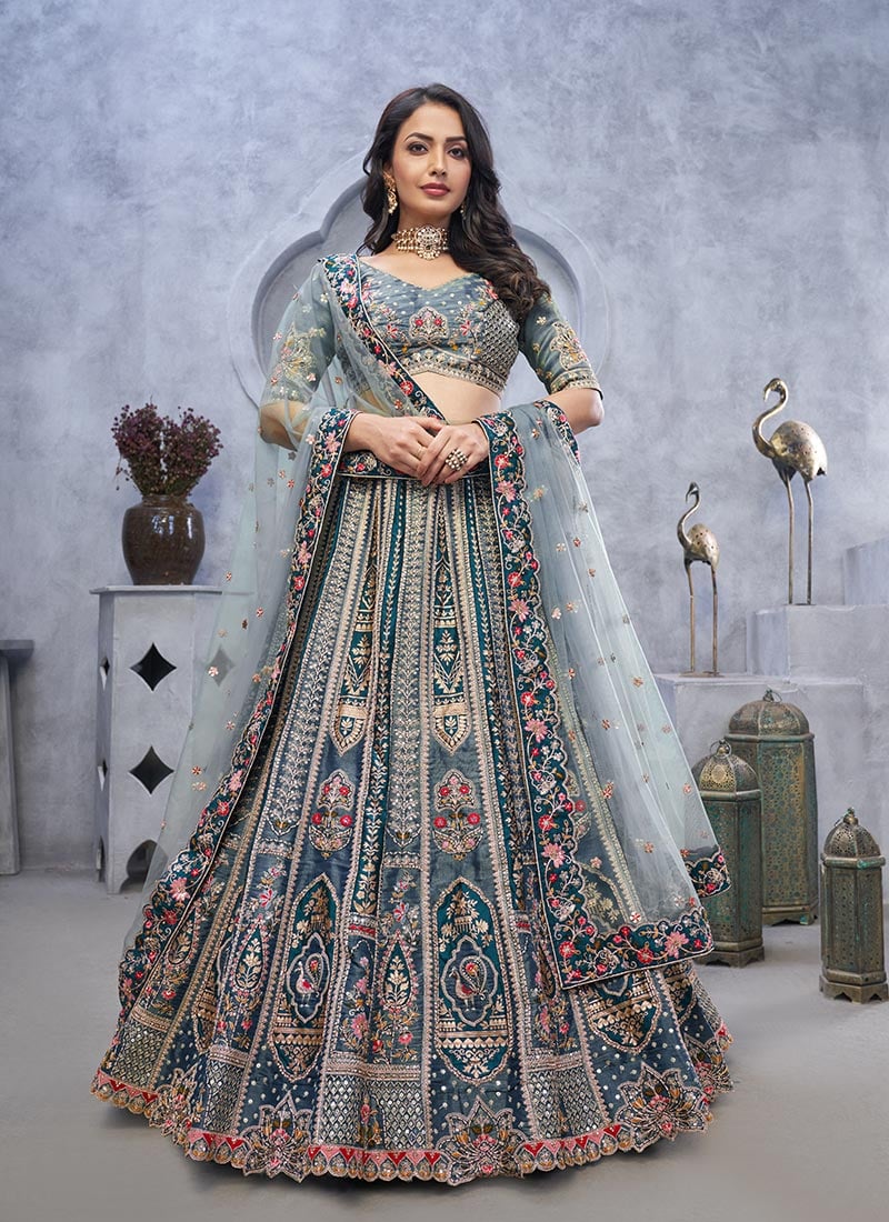 Banarasi Silk Grey Lehenga With Intricate Zari Embroidered And Stone Sequins Work Wedding Wear