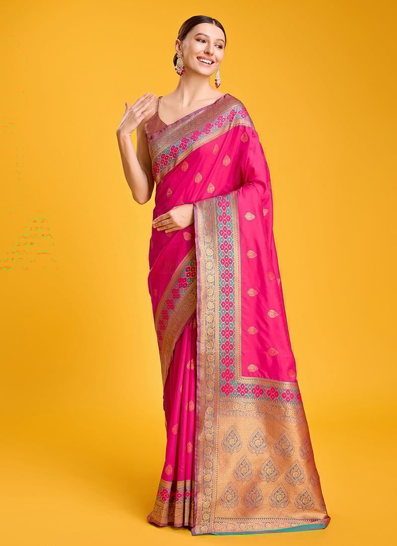 Banarasi Silk Pink Zari Woven Border Saree With Blouse For Indian Women Festive Wear