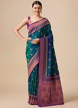 Banarasi Silk Teal Zari Woven Border Saree With Blouse For Indian Women