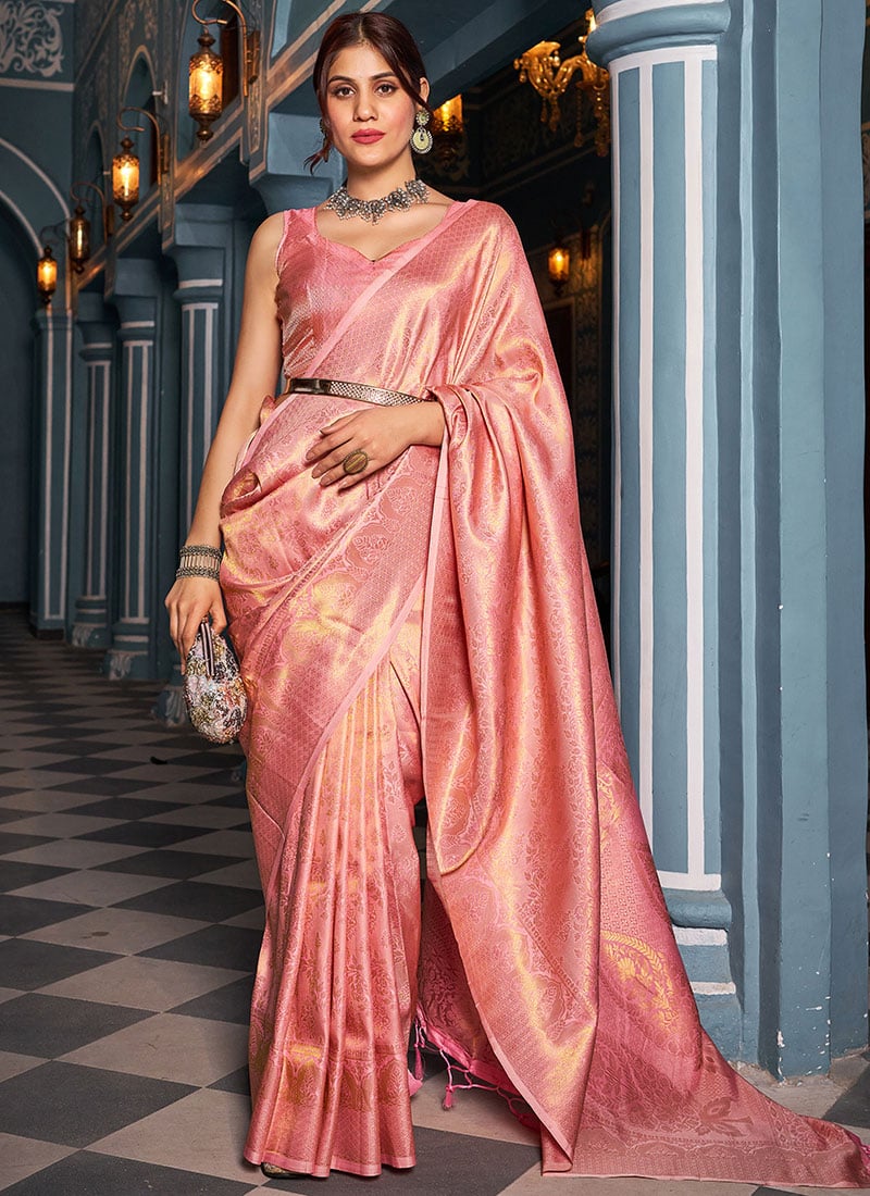 Banarasi Silk Zari Embossed Pink Saree Festive Wear