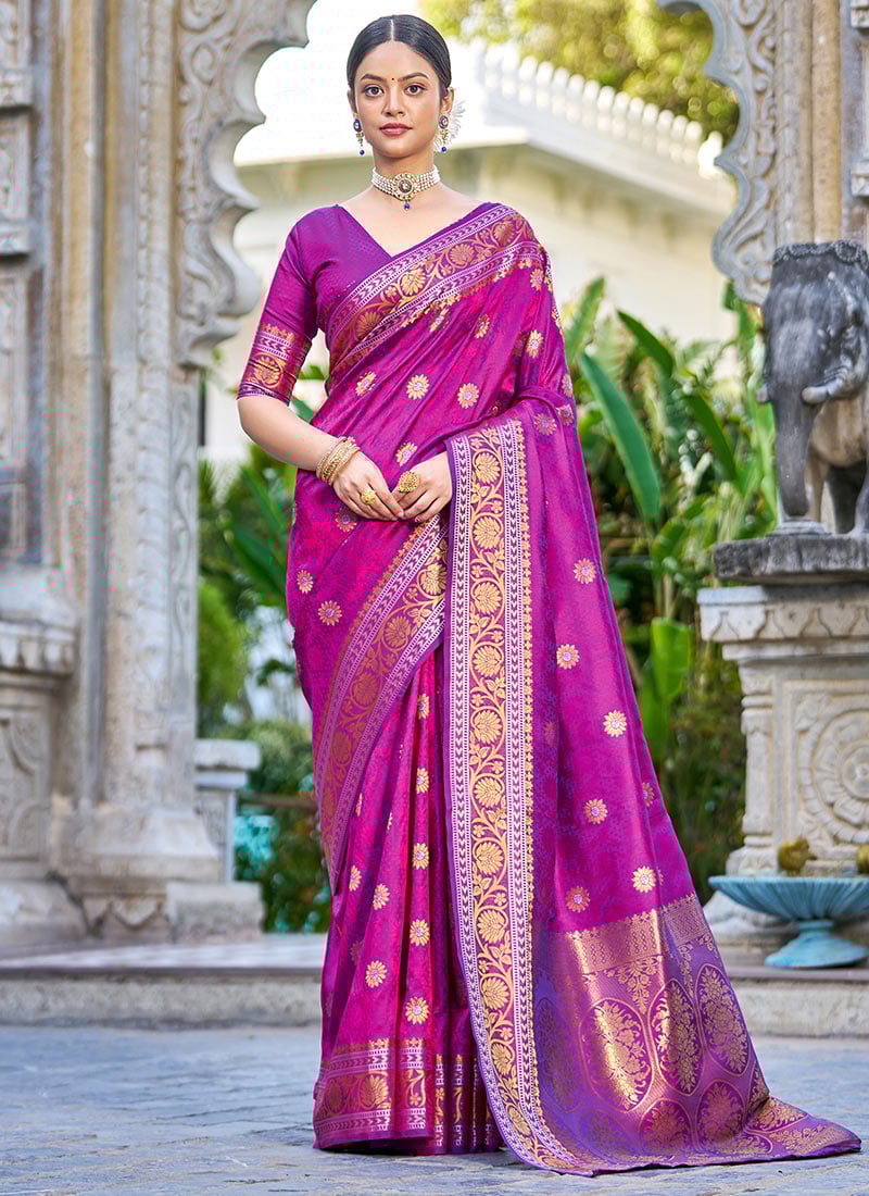 Banarasi Silk Zari Embossed Purple Saree Festive Wear