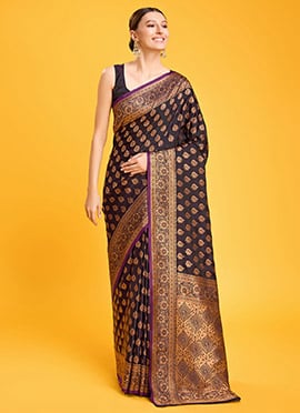 Banarasi Silk Zari Woven Border Dark Purple Saree With Blouse For Traditional