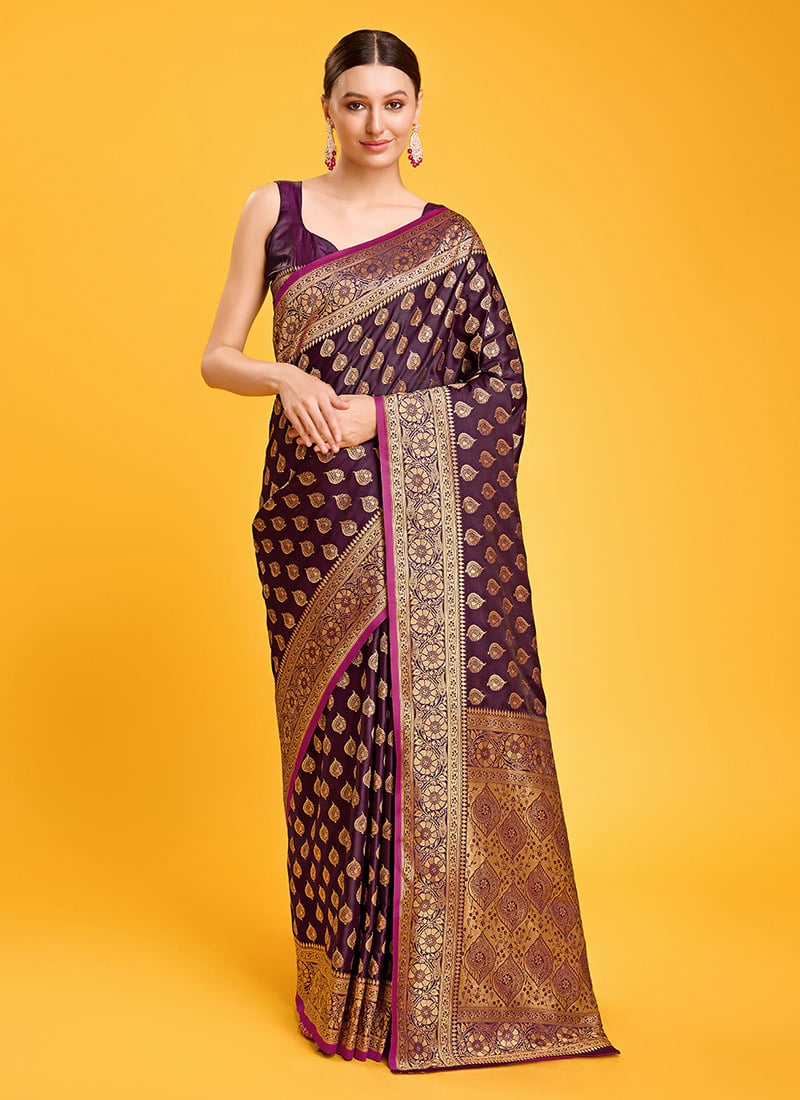 Banarasi Silk Zari Woven Border Wine Saree With Blouse For Event Wear