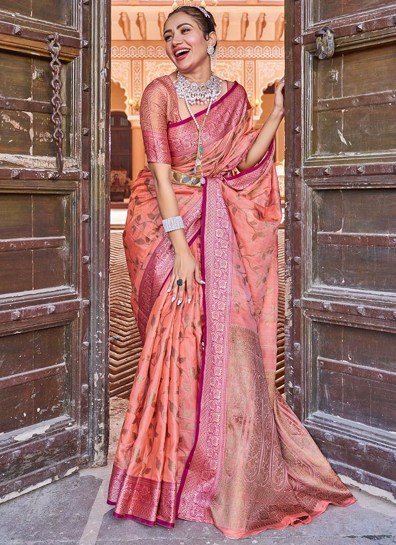 Banarasi Silk Zari Woven Peach Saree Festive Wear-SASVS020PLPE
