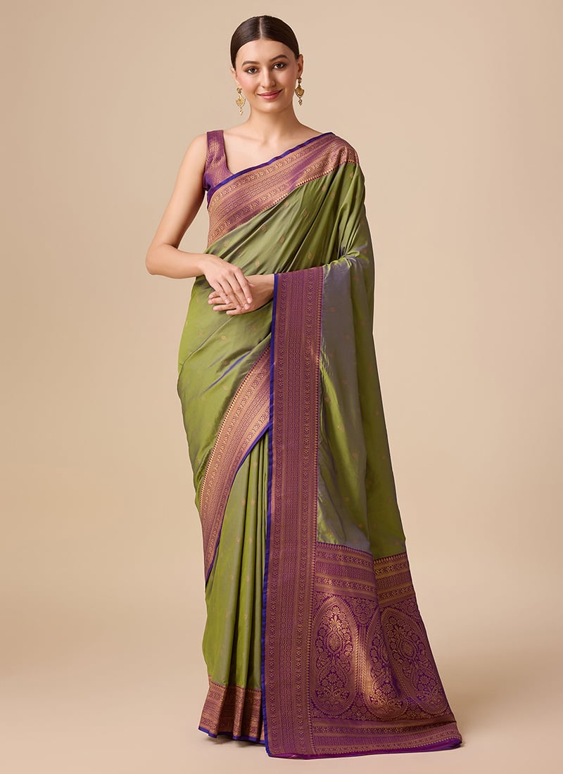 Banarasi Silk Zari Woven Traditional Wear Green Saree With Blouse Festive Wear