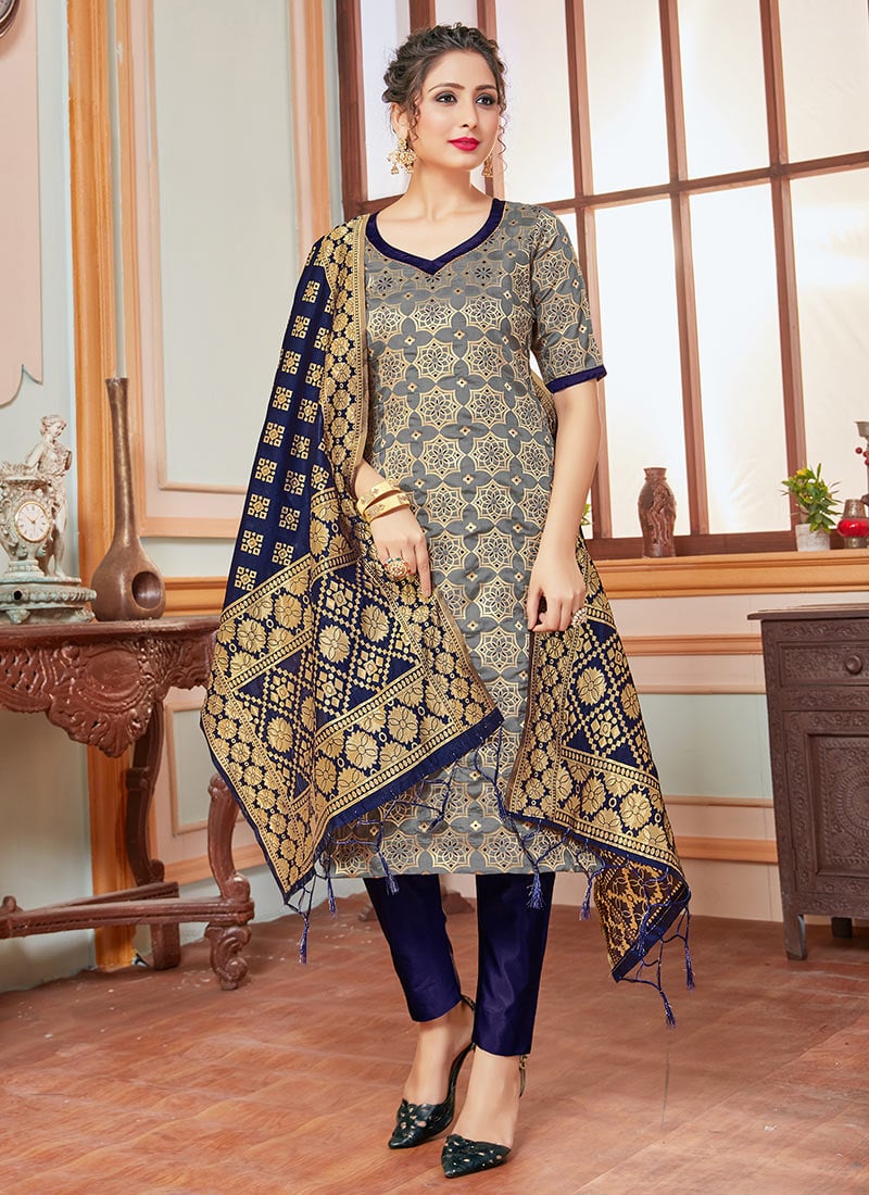 Banarasi Woven Silk Grey Straight Pant Suit With Dupatta For Traditional Festive Wear-SLSACY7205