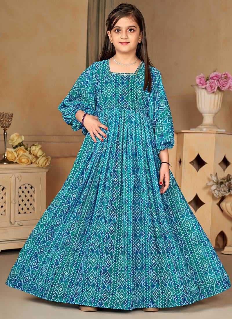 Bandhani Digital Print Blue Kids Girls Gown Party Wear