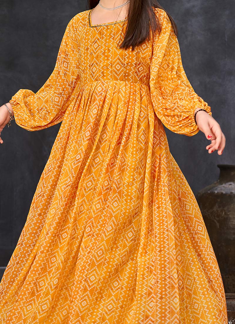Shop Bandhani Digital Print Yellow Kids Girls Gown Party Wear Online at