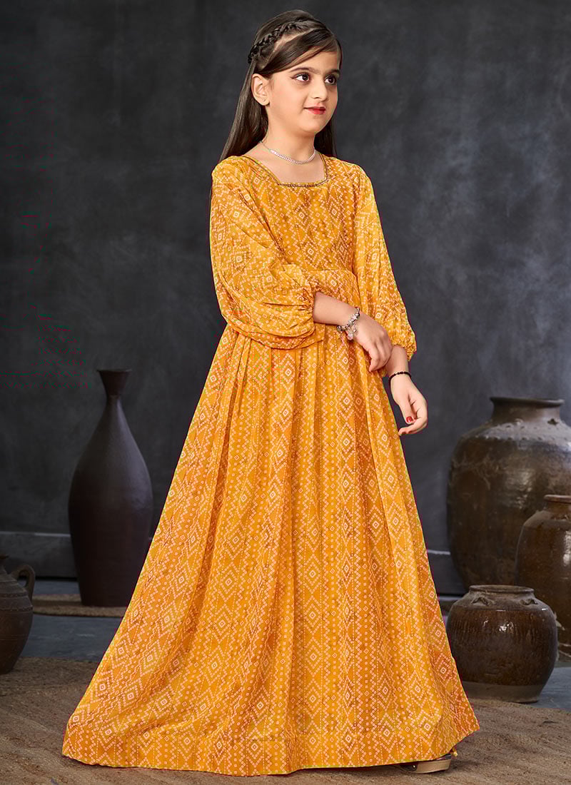 Bandhani Digital Print Yellow Kids Girls Gown Party Wear