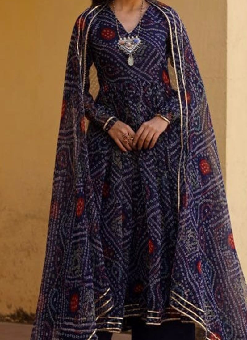 Solid Navy Blue Asymetric A-Line Kurti With Navy Blue Floral Printed Patches On The Yoke With A Boat Neck And Elbow Sleeves main image 1