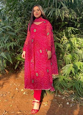 Bandhani Printed Pink Anarkali Style Kurti With Dupatta