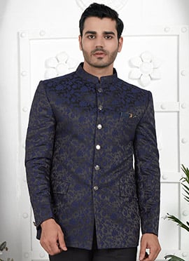 Bandhgala Jacquard Silk Navy Blue Floral Print Jacket