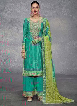 Bandhini Print Embroidered Sequins Turquoise Chinon Palazzo Suit