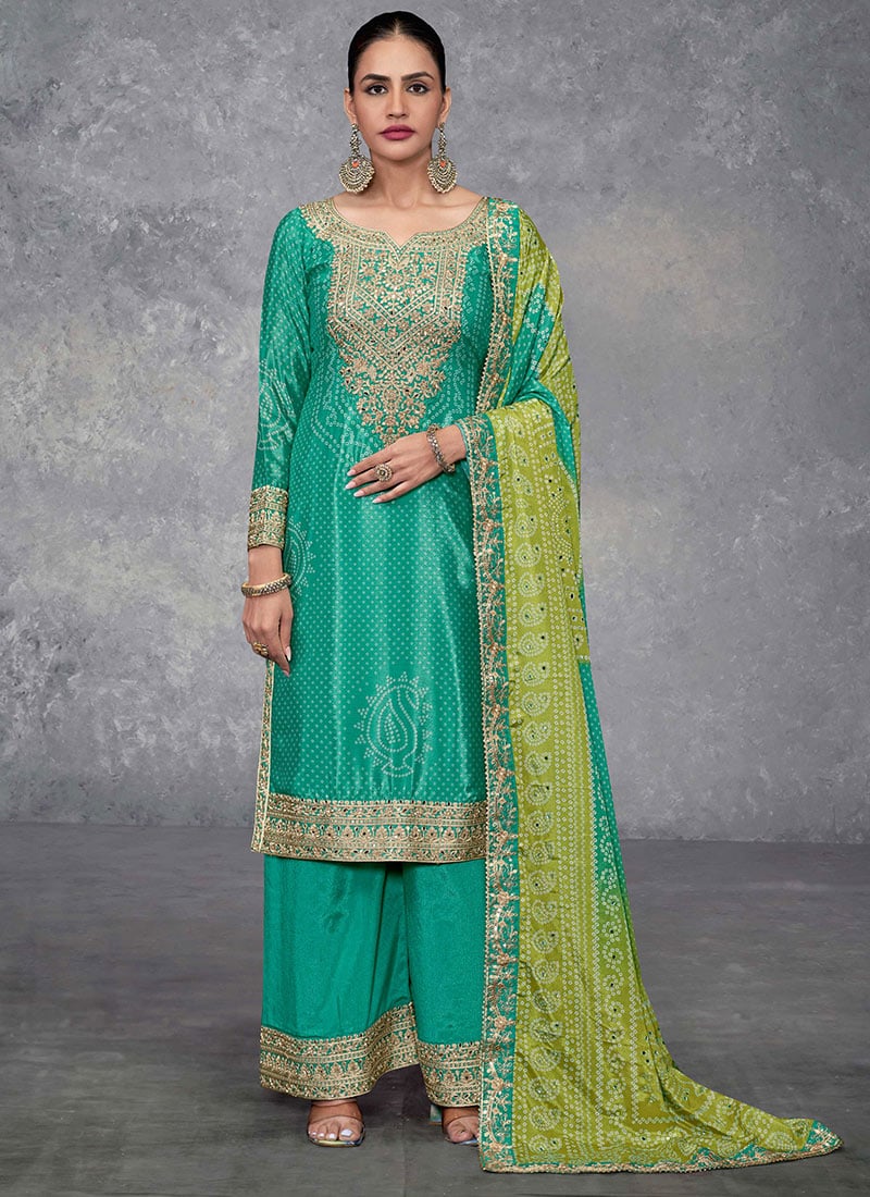 Bandhini Print Embroidered Sequins Turquoise Chinon Palazzo Suit Festive Wear