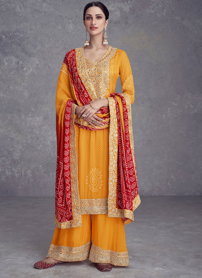 Bandhini Print Gota Mirror Work Mustard Chinon Palazzo Suit For Indian Wear Party Wear