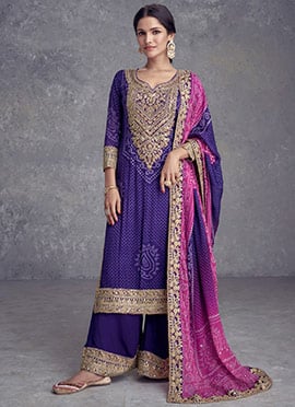 Bandhini Print Gota Mirror Work Purple Chinon Palazzo Suit For Indian Wear