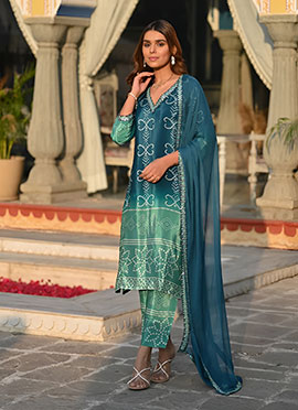 Bandhini Print Sequins Teal Blue Chinon Silk Straight Pant Suit