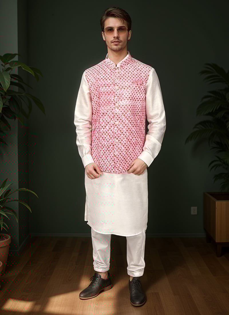 Bandi Set In White Cotton With Embroidery Festive Wear