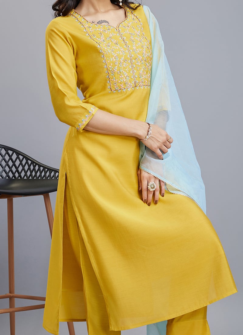 Yellow Designer Party Wear Readymade Pant Suit With Hand Work